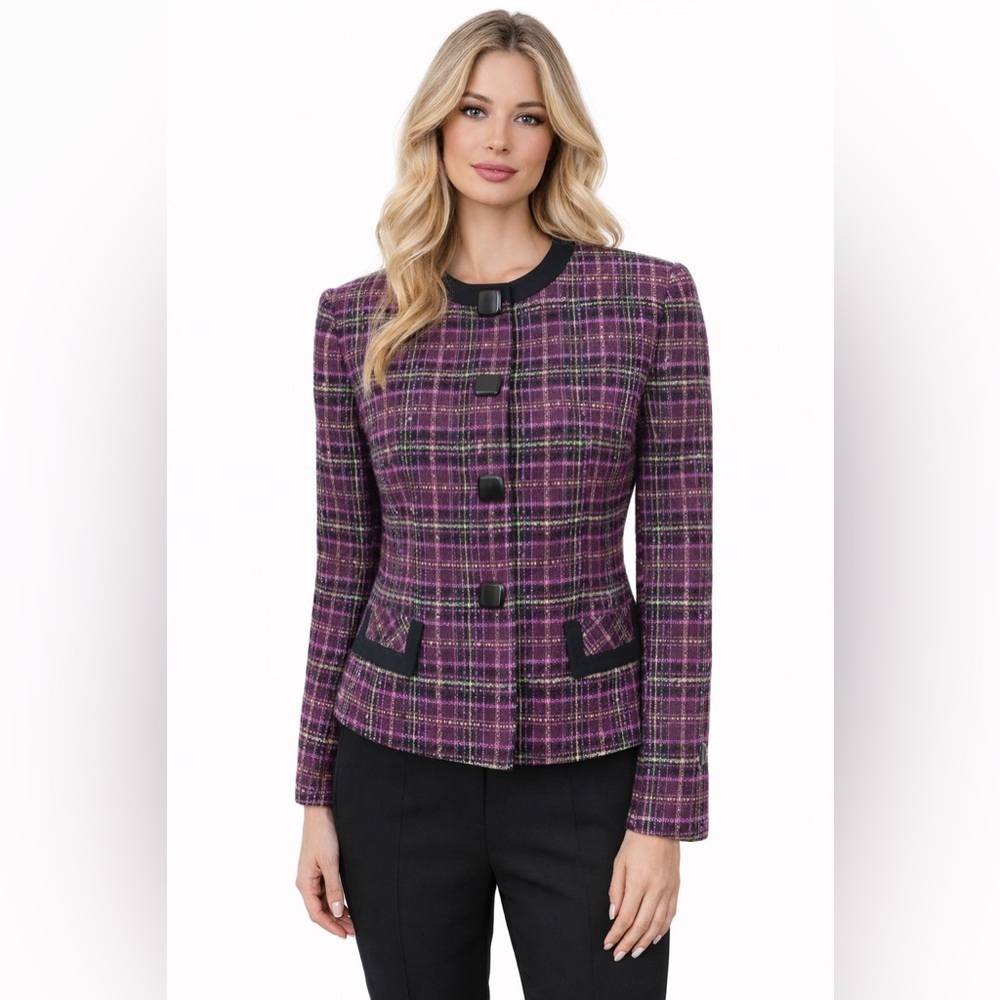 Sag Harbor Women's Tweed Purple Jacket Blazer Button Front Lined Size 10